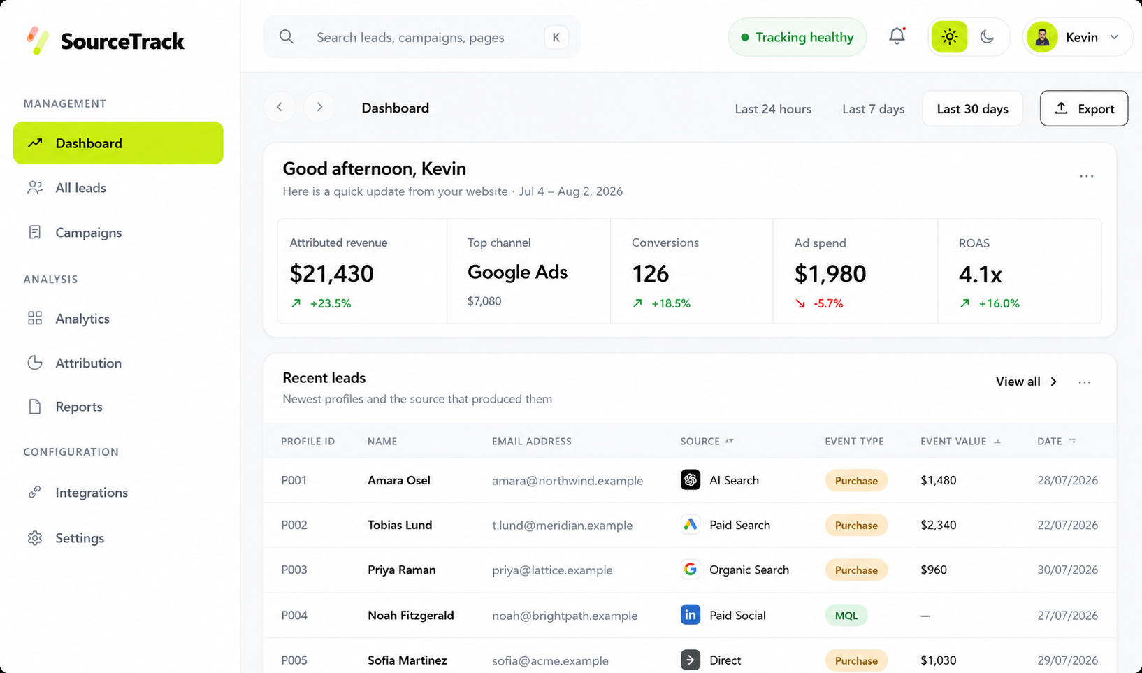 SourceTrack dashboard preview